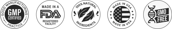 Ginger Slim Drops official formula, made in USA, 100% natural, gmo-free, and cgmp-certified logos.